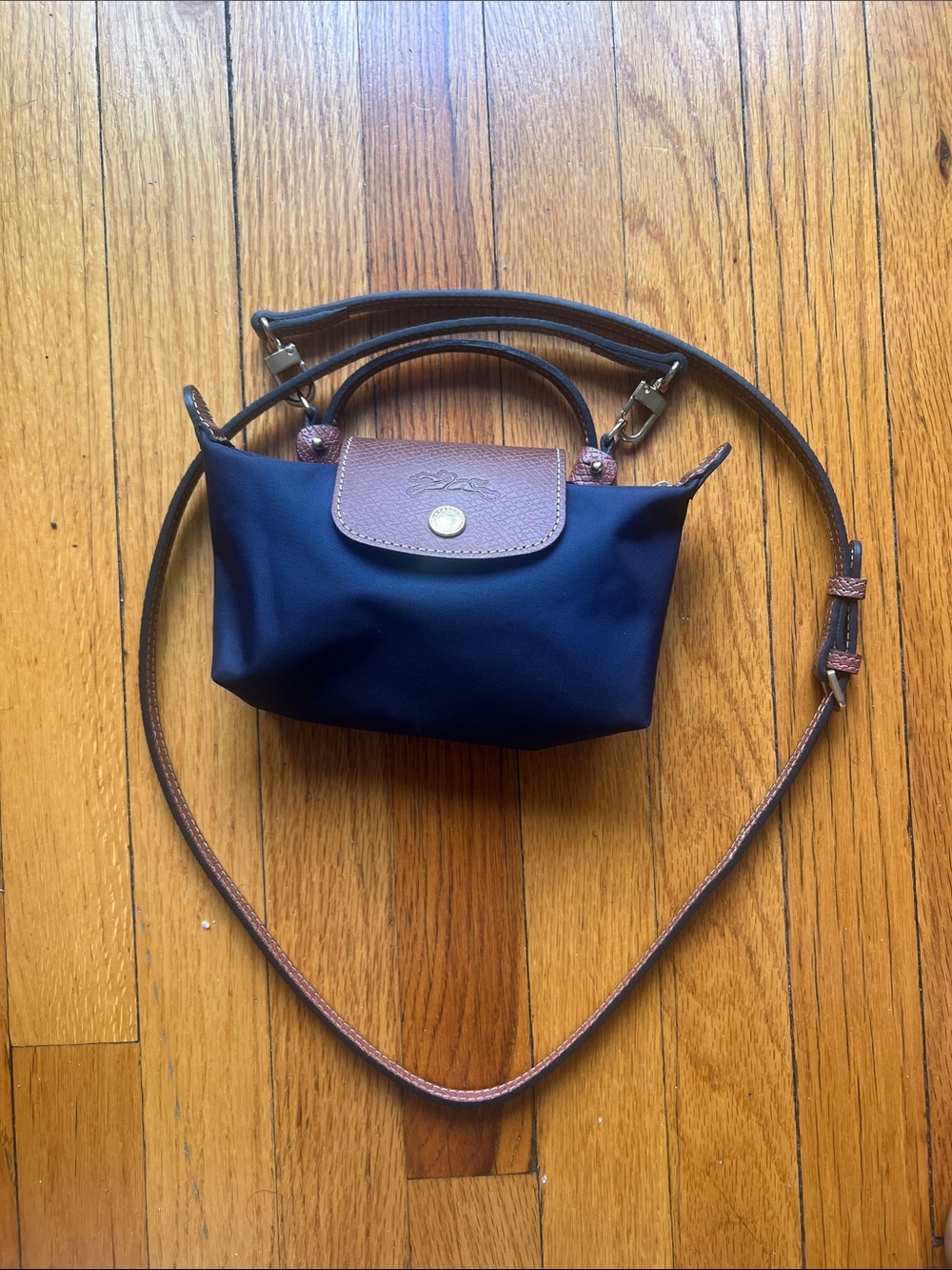Longchamp Navy Nylon Crossbody with Brown Leather Trim